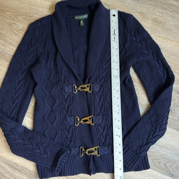LAUREN CABLE-KNIT SWEATER navy blue size X Small shawl collar 100% cotton - Picture 5 of 9